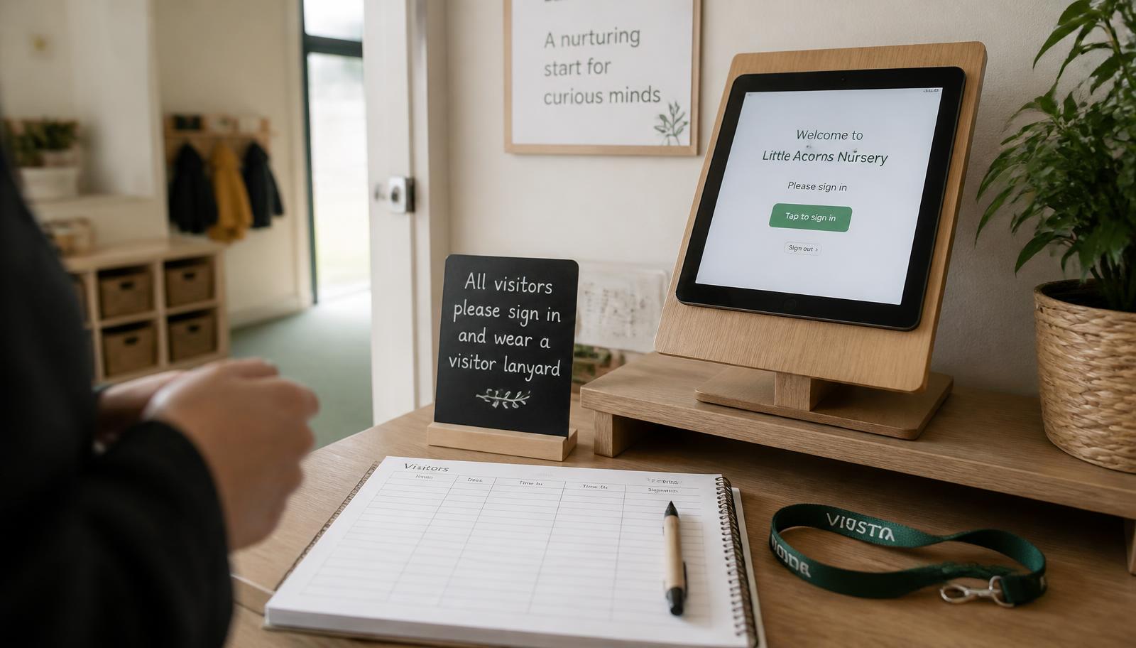 A nursery entrance table with a sign-in tablet on a wooden stand, a visitor book and a lanyard.